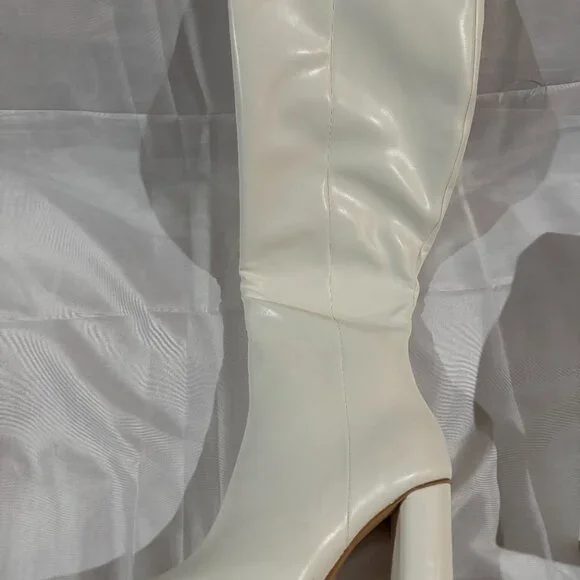 PRETTYLITTLETHING White Round Block Heel Knee High Boots Size 7 - Picture 3 of 6